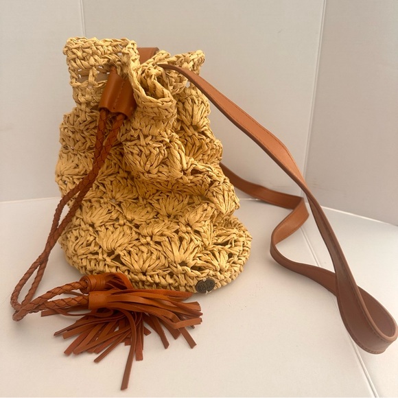 Billabong Handbags - Billabong Natural Woven Crochet Tan Faux Leather Drawstring Purse